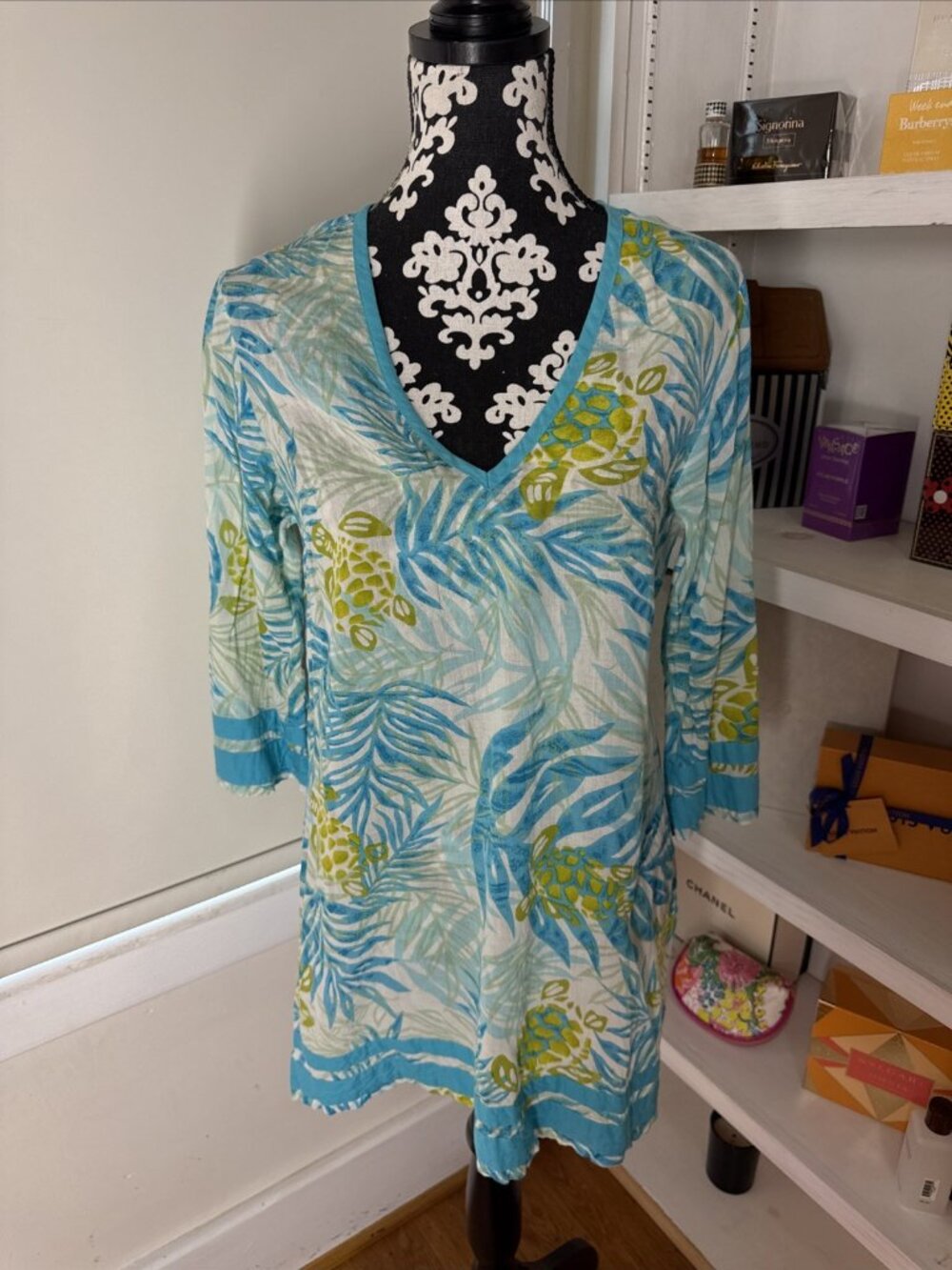 PEPPERMINT BAY Medium WOMENS SWIMSUIT COVER UP TOP 100% COTTON Turquoise Turtles
